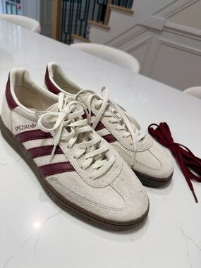 adidas Spezial Off-White Suede Sneakers with Burgundy Stripes